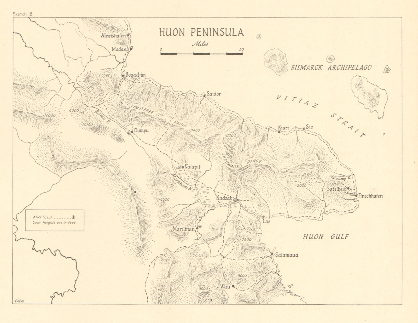 Huon Peninsula campaign 1943/44. Papua New Guinea World War 2 Airfields 1961 map